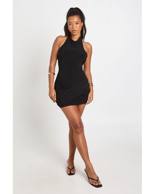 Boohoo Black Slinky Halterneck Drape Skirt Mini Dress