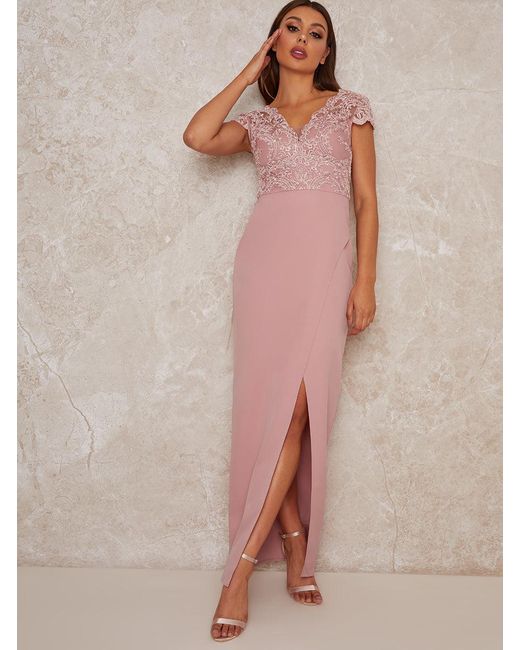 Chi Chi London Natural Cap Sleeve Embroidered Maxi Dress