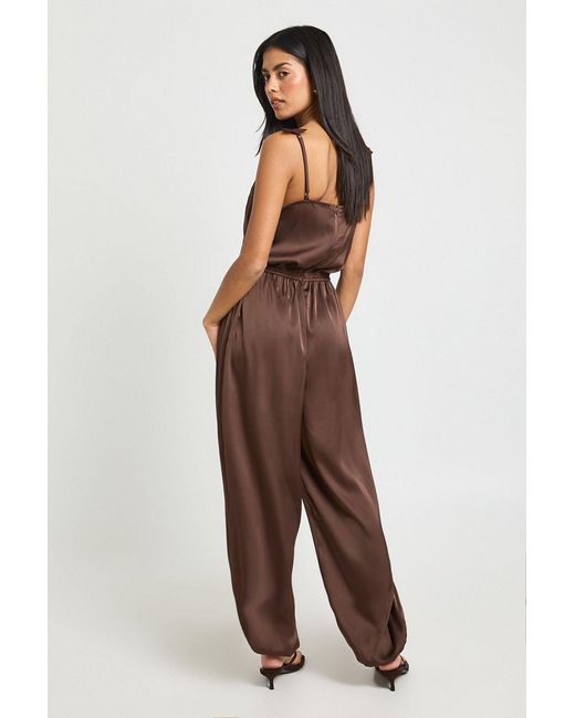 Boohoo Brown Satin Lace Trim Hareem Trouser Jumpsuit