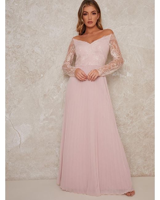 Chi Chi London Pink Curve Lace Bridesmaid Maxi Dress With Long Sleeves