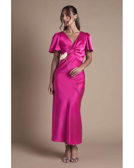 Oasis Pink Satin Twist Front Angel Sleeve Midi Bridesmaid Dress