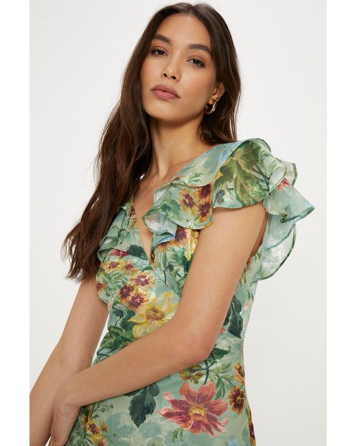 Oasis Green Soft Floral Satin Burnout Ruffle Midi Dress