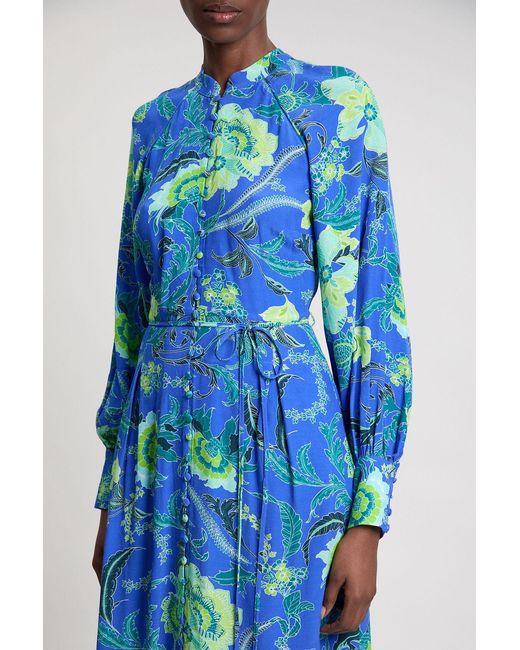 Karen Millen Blue Viscose Woven Cobalt Floral Midi Shirt Dress