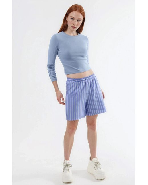 Busem Blue Slim Fit Long Sleeved Crop Top With Crew Neck