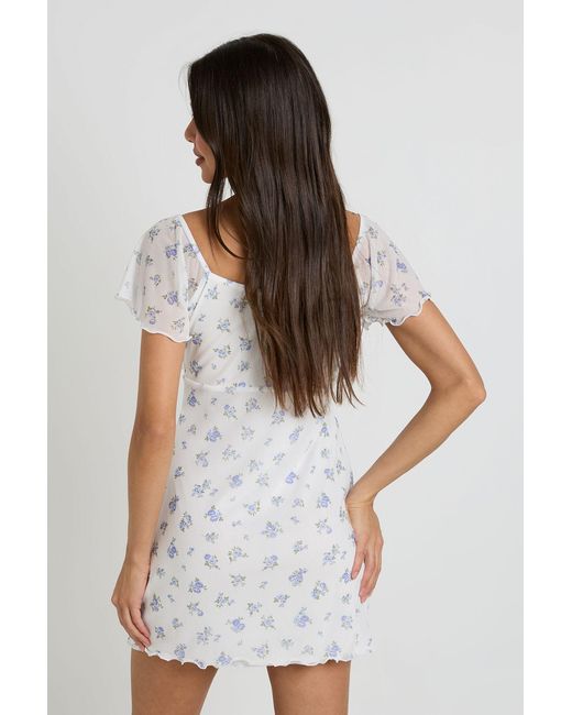 Boohoo White Ditsy Floral Mesh Angel Sleeve Tie Front Mini Dress