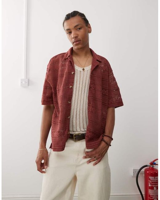 Reclaimed Vintage Red Limited Edition Short Sleeve Crochet Lace Shirt
