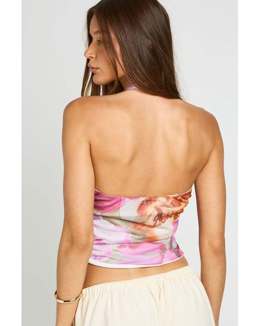 Boohoo Red Floral Printed Mesh Tie Front Top