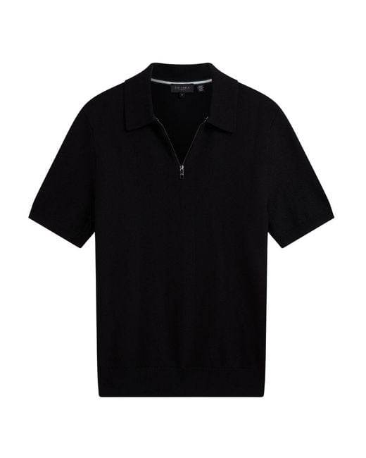 Ted Baker Black Fourd Herringbone Stitch Zip Polo Shirt Cotton for men