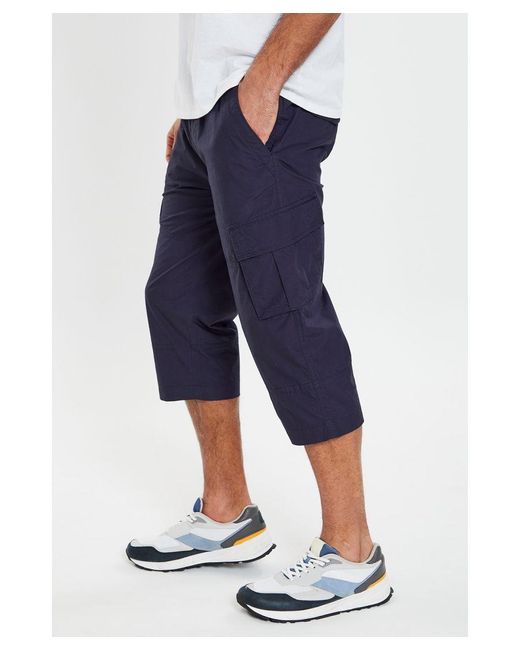 Threadbare Blue 'Bruce' 3/4 Length Cotton Pull On Cargo Trousers for men