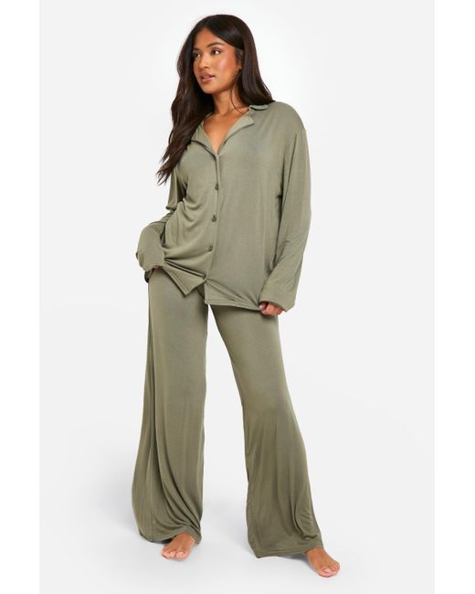 Boohoo Green Petite Long Sleeve Shirt & Pants Pyjama Set
