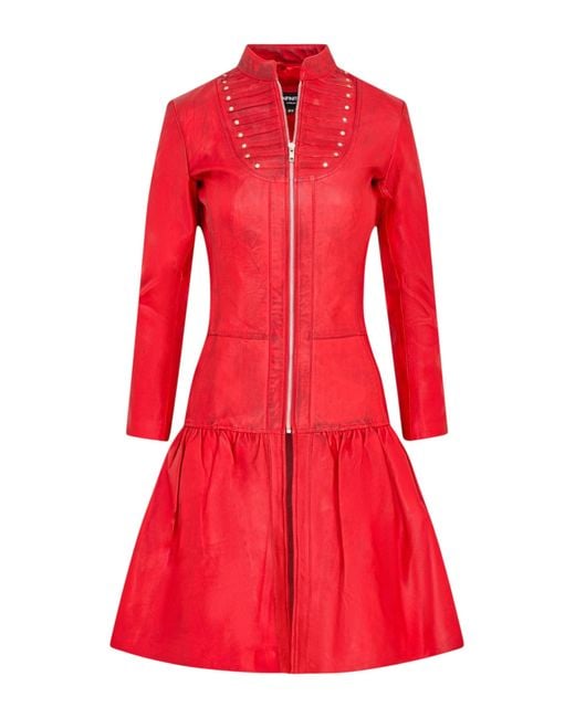 Infinity Leather Red Ribet Goth Victorian Studded Flare Coat- Mist Lamb Leather