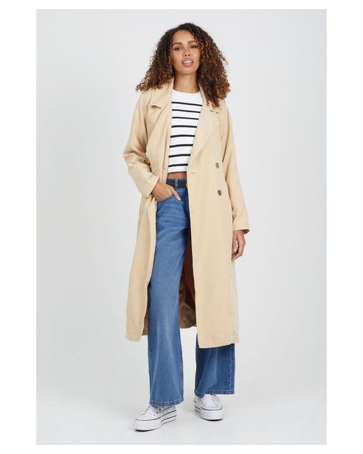 Brave Soul White Double-Breasted Longline Trench Coat With Raglan Sleeves