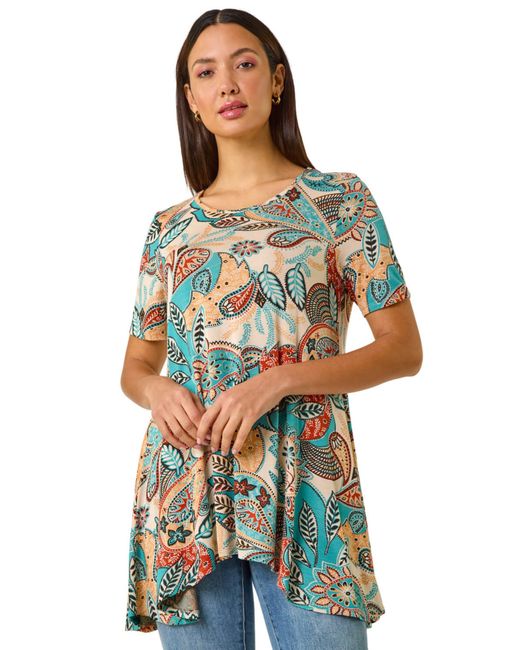 Roman Blue Floral Print Hanky Hem Tunic Top