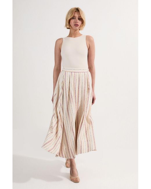 Karen Millen Natural Petite Premium Woven Stripe Tailored Pleated Midi Skirt