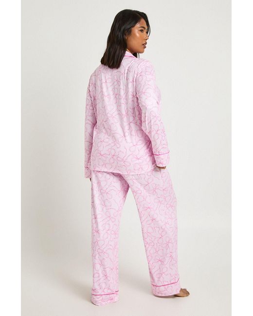Boohoo Pink Plus Bow Print Long Sleeve Shirt & Trouser Pyjama Set