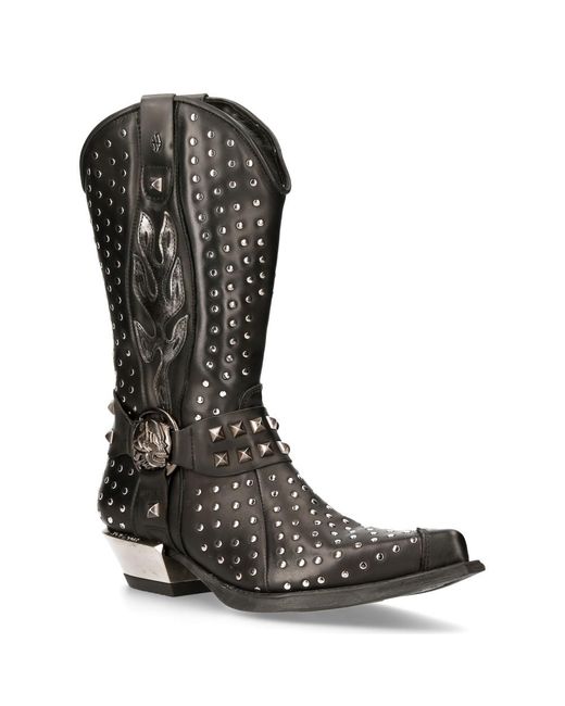 New Rock Cowboystiefel Aus Schwarzem Leder Mit Nieten – M-7928-S1 in Black für Herren