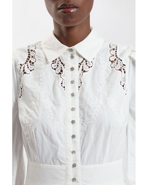 Karen Millen White Cotton Cutwork Balloon Sleeve Woven Midi Dress