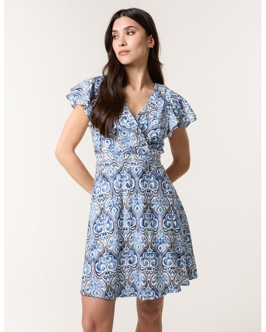 Blue Vanilla Blue Printed Frill Sleeve Wrap Front Belted Waist Dress