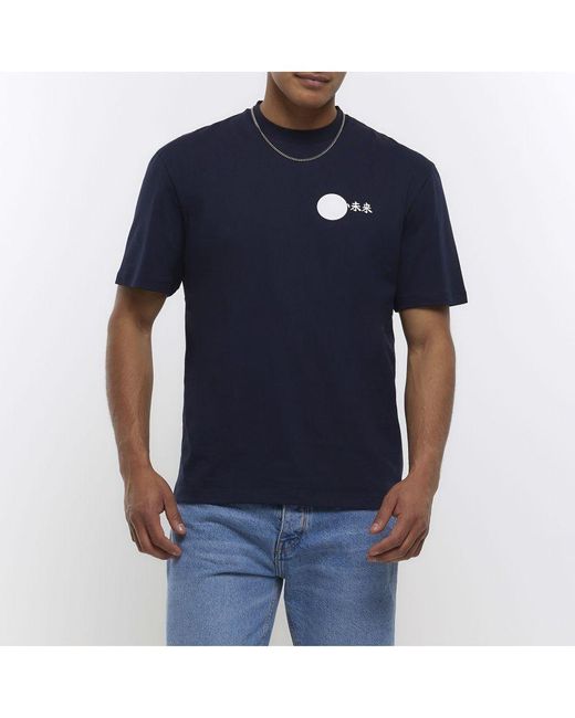 River Island Blue T-shirt Navy Regular Fit Japanese Graphic Cotton for men
