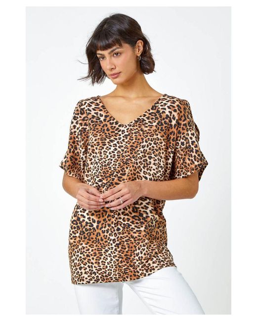 Roman Brown Animal Print Cold Shoulder Stretch Top