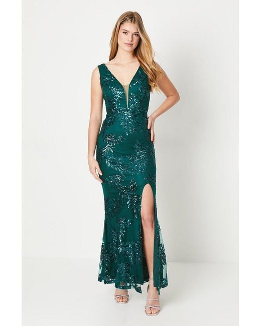 Debut London Green By Coast Embroidered Sequin Mesh Plunge Prom Dress