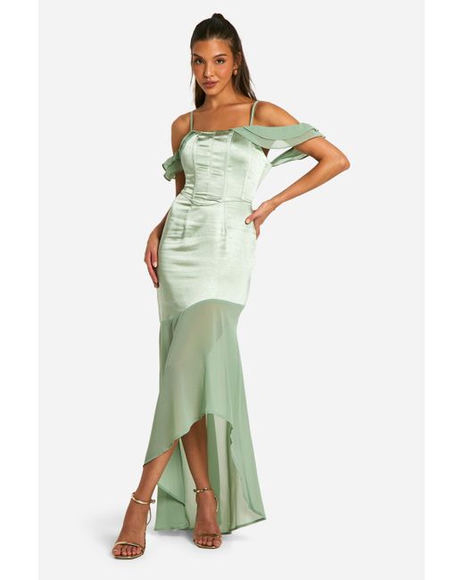 Boohoo Green Satin Chiffon Mix Corset Drape Maxi Dress