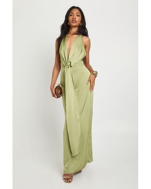 Boohoo Green Satin Halter Neck Plunge Drape Detail Maxi Dress