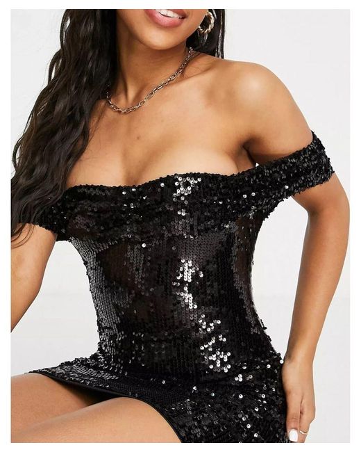 In The Style Black Exclusive Sequin Off Shoulder Dress