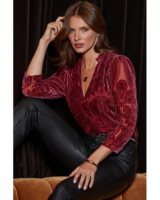 Sosandar Red Ruby Plush Velvet Devore Blouse