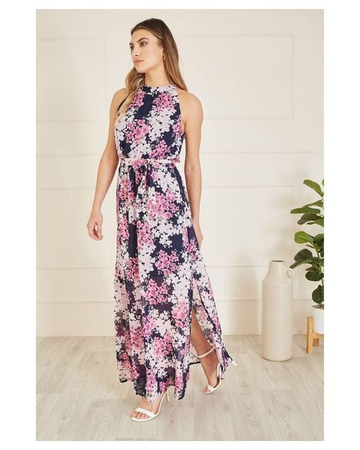 Mela London Pink Blossom Halter Neck Maxi Dress With Side Split