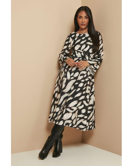 Wallis Natural Petite Animal Flute Sleeve Tie Midi Dress