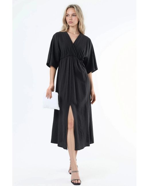 Busem Black V-Neck Midi Wrap Dress With Three Quarter Sleeves