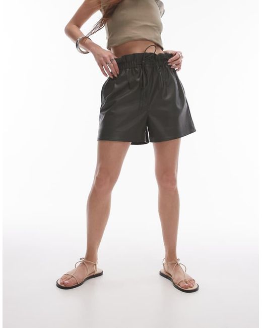 TOPSHOP Black Faux Leather Paperbag Short