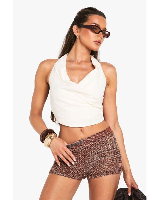 Boohoo White Linen Look Wrap Front Crop Top