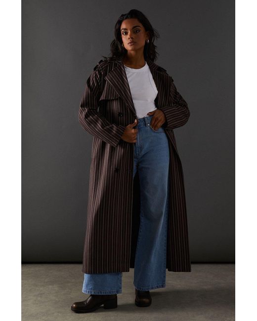 Warehouse Black Pinstripe Belted Trench Coat