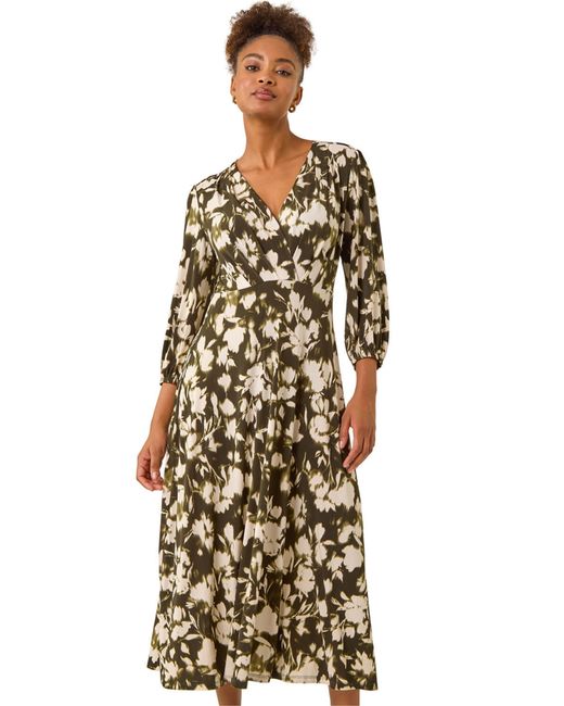 Roman Green Abstract Floral Midi Dress