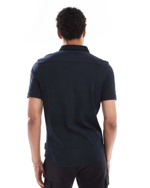 French Connection Blue Short Sleeve Pique Button Through Polo for men