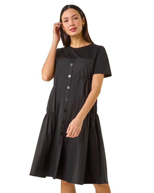 Roman Black Gathered Cotton Stretch Smock Dress