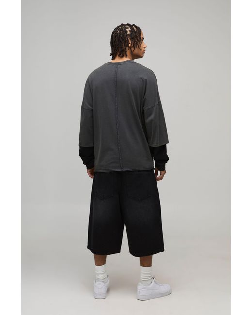 BoohooMAN Black Tape Effect Crotch Print Longline Denim Jorts for men