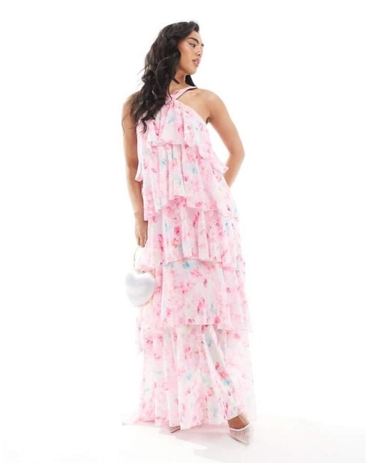 Vero Moda Pink Felicia Halter Neck Tiered Maxi Dress With Corsage Detail