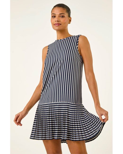 Roman Blue Stripe Print Pleated A-Line Dress
