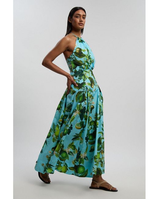 Karen Millen Green Lime Print Cotton Halter Neck Woven Midi Dress With Dropped Waist Detail