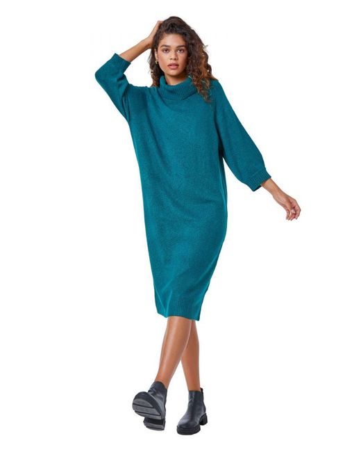 Roman Blue Roll Neck Knitted Midi Dress