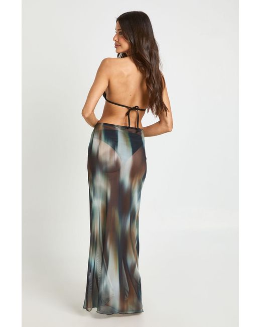 Boohoo Black Abstract Print Sheer Mesh Maxi Beach Skirt