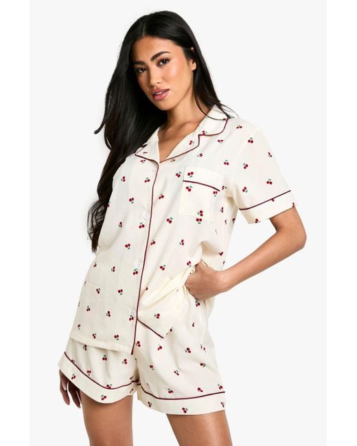 Boohoo White Cherry Print Piping Detail Short Sleeve Shirt & Shorts Pyjama Set