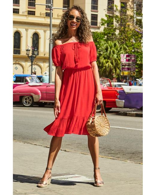 Sosandar Red Bardot Tassel Detail Summer Dress