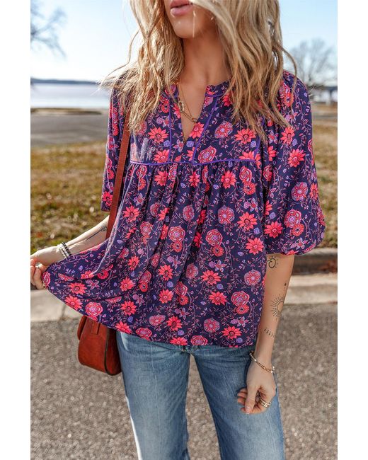 Everyday the Label Red Floral Half Sleeve Split Neck Blouse Top