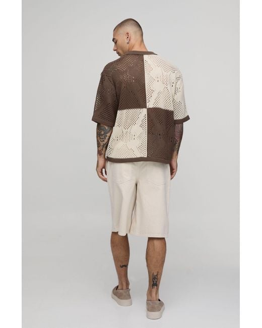 BoohooMAN Natural Oversized Boxy Open Stitch Crochet Knitted Polo for men