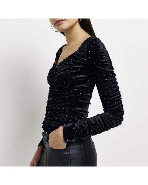 River Island Black Ruched Top Velvet Long Sleeve