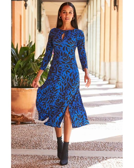 Sosandar Blue Floral Print Keyhole Detail Midi Jersey Dress